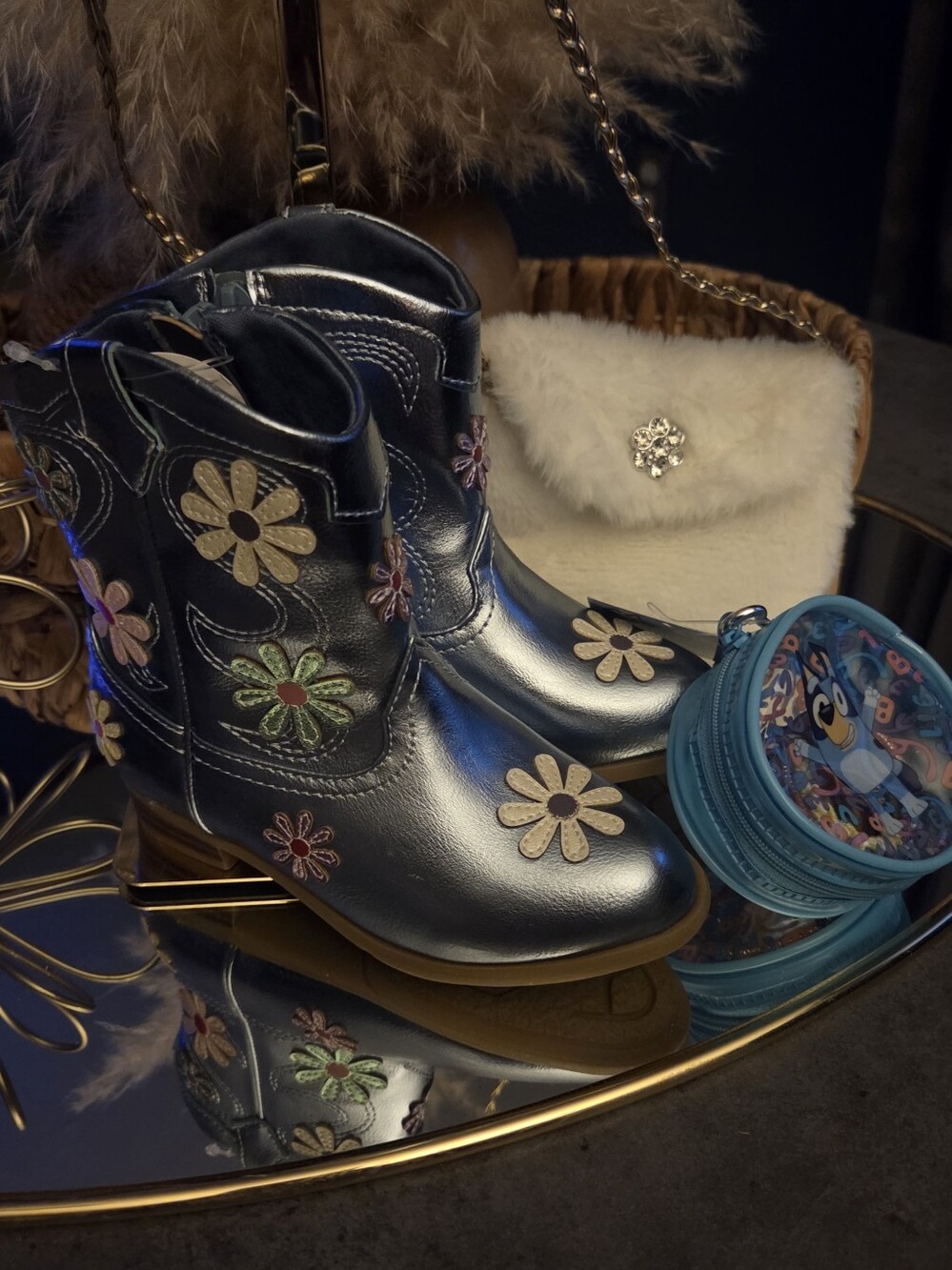 3fer Bundle Girls Western Cowgirl Boots + Faux Fur Mini Bag + Bluey Coin Purse